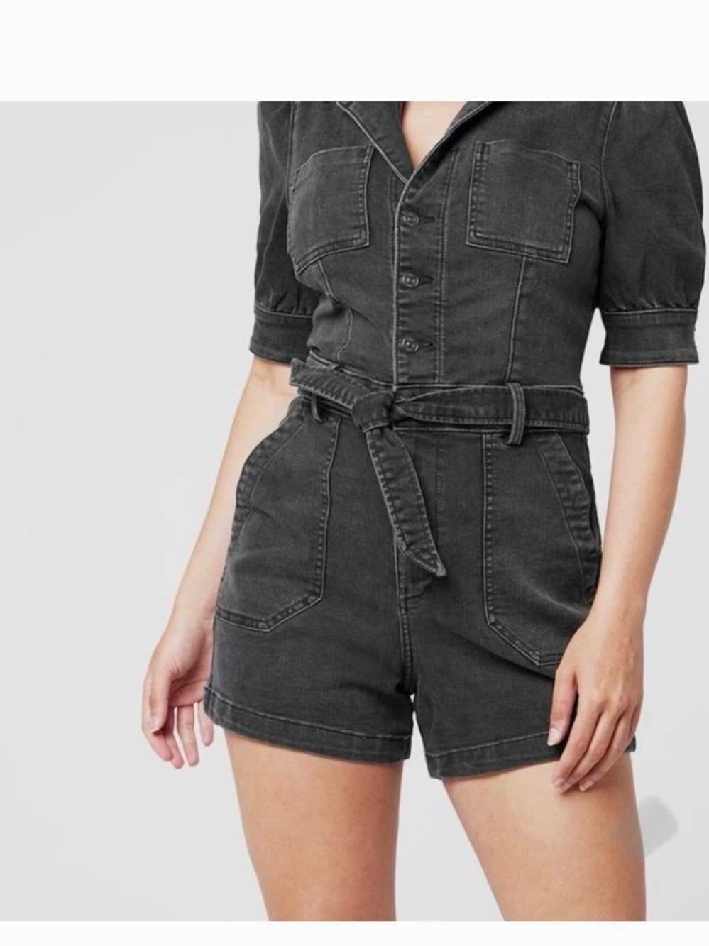 PAIGE Black Denim Short Romper with Tie Belt Maislie